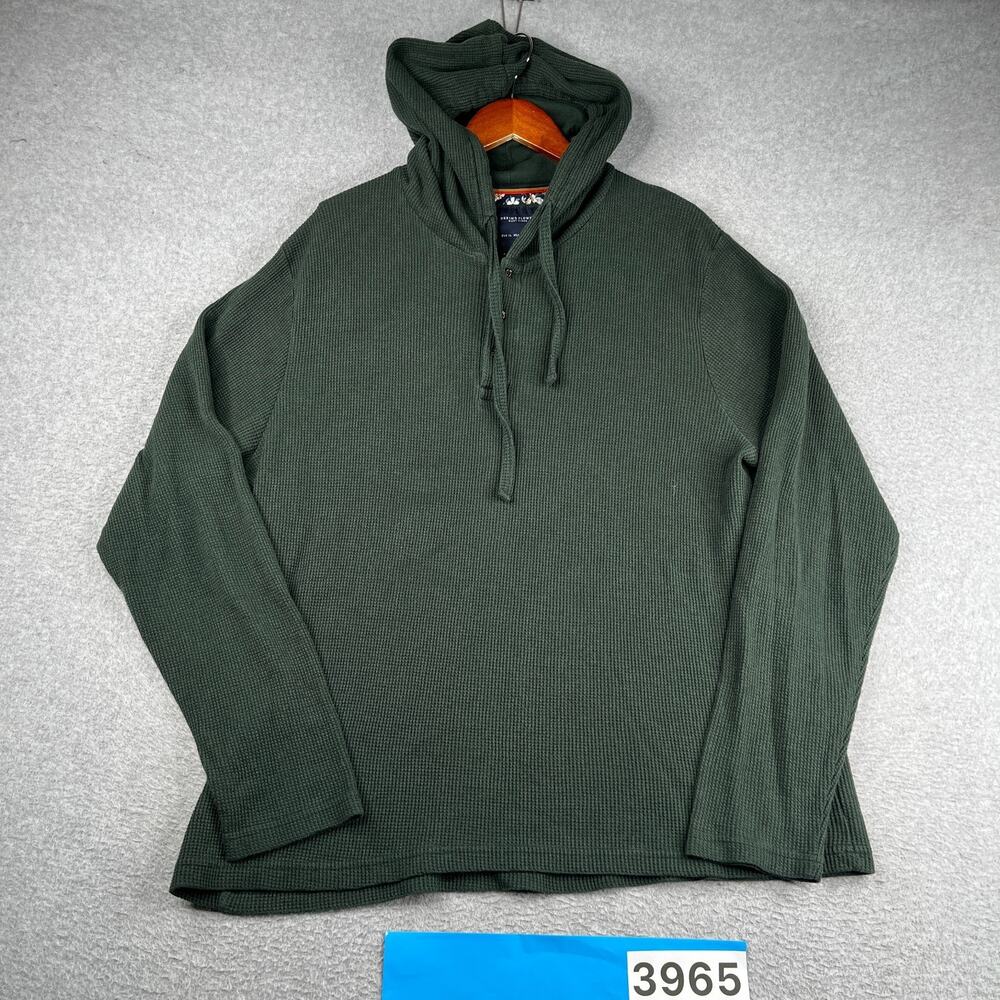 Denim & Flower Hooded Long Sleeve Henley Waffle Knit Shirt Green Mens XL Casual